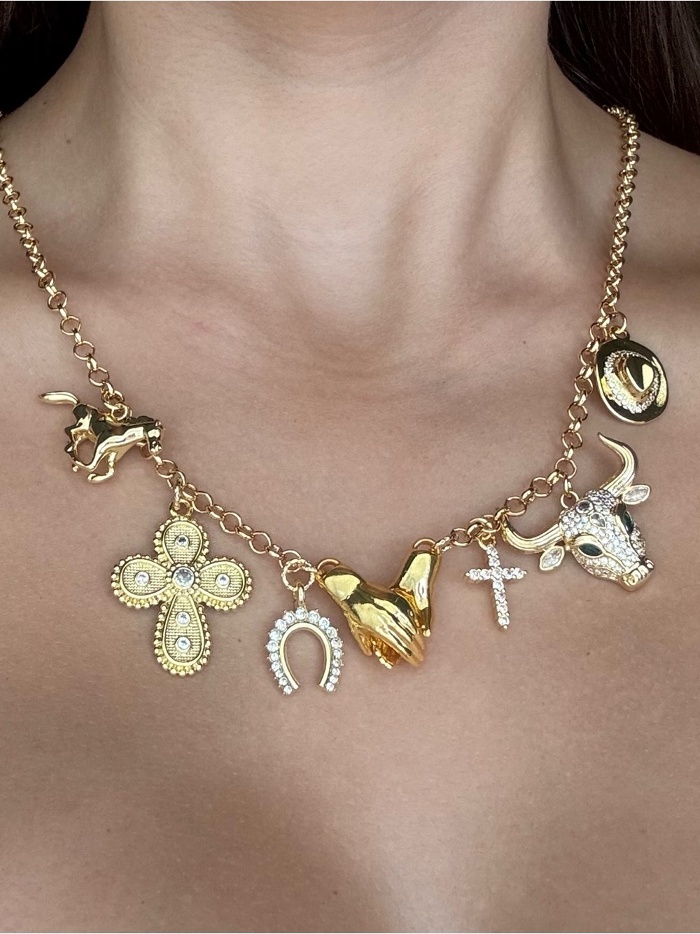 Gold-Tone Charm Necklace with Cross, Horseshoe & Animal Motif - Women Jewelry - Picture 2 of 5